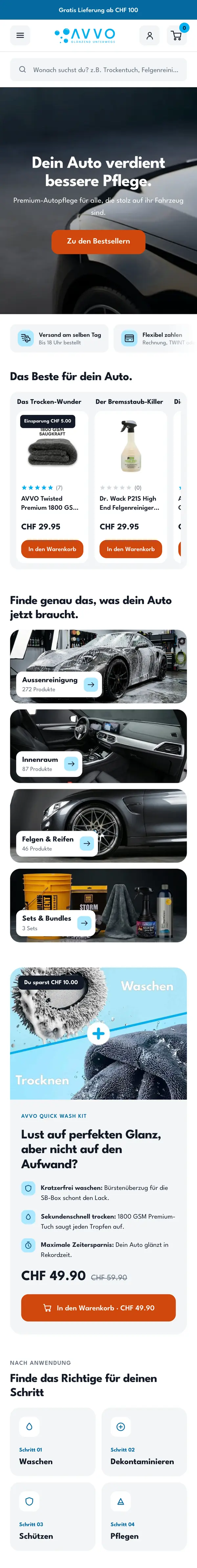 Startseite von avvo.ch auf dem Smartphone